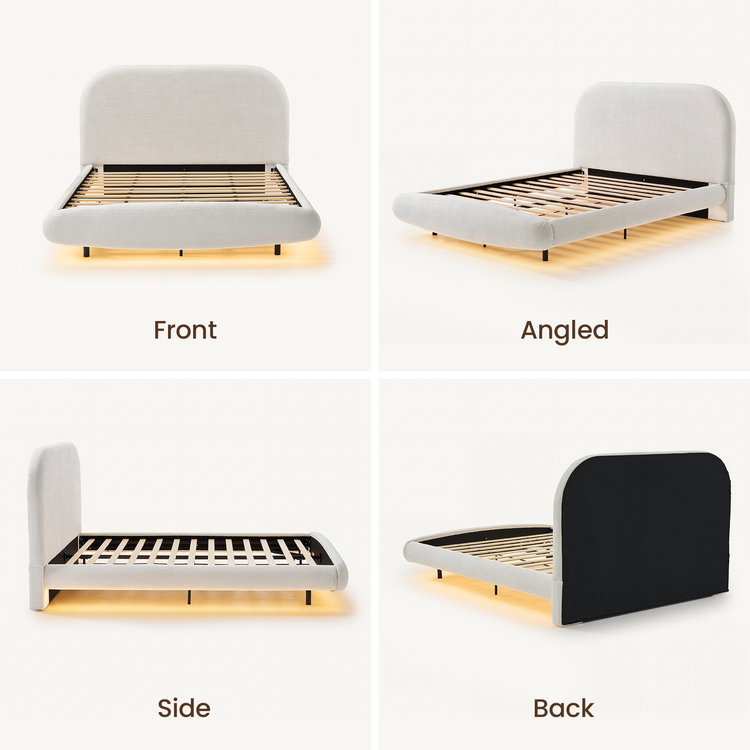 Queen Upholstered Bed Frame - Beige Floating Design with LED Lights & Curved Padded Headboard