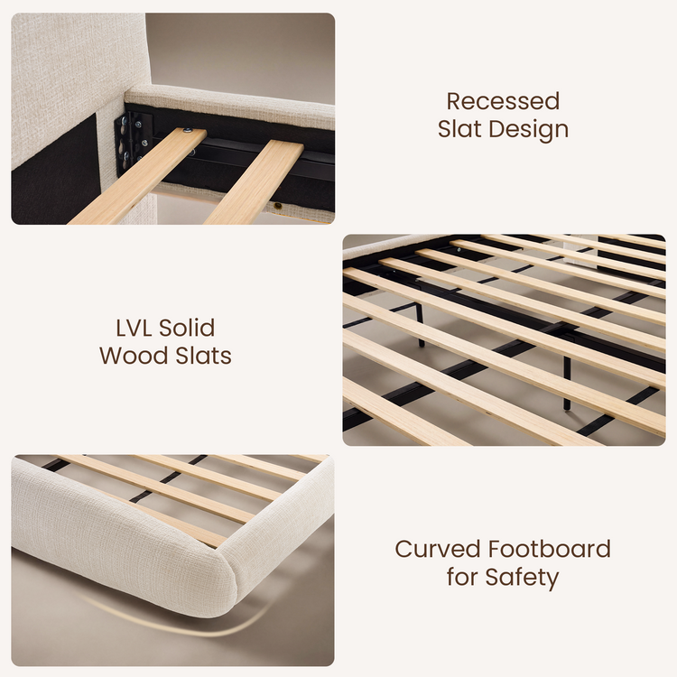 Queen Upholstered Bed Frame - Beige Floating Design with LED Lights & Curved Padded Headboard