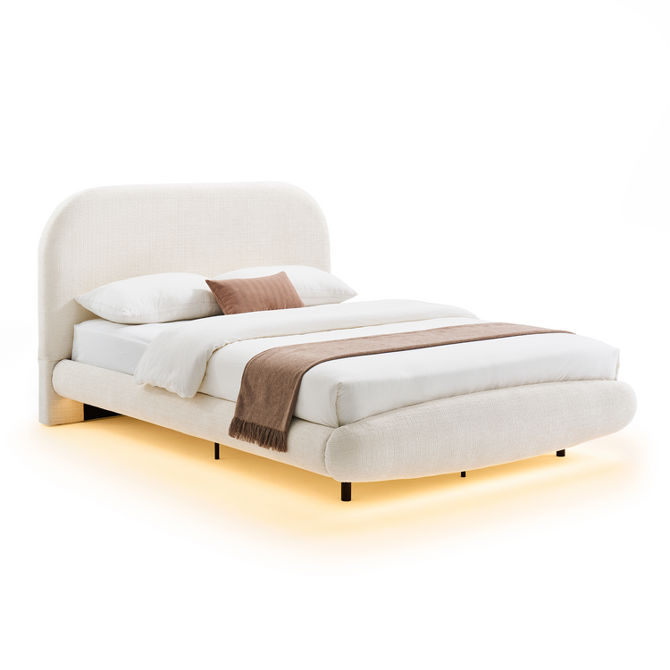 Queen Upholstered Bed Frame - Beige Floating Design with LED Lights & Curved Padded Headboard