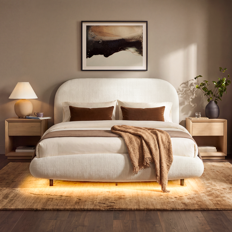Queen Upholstered Bed Frame - Beige Floating Design with LED Lights & Curved Padded Headboard