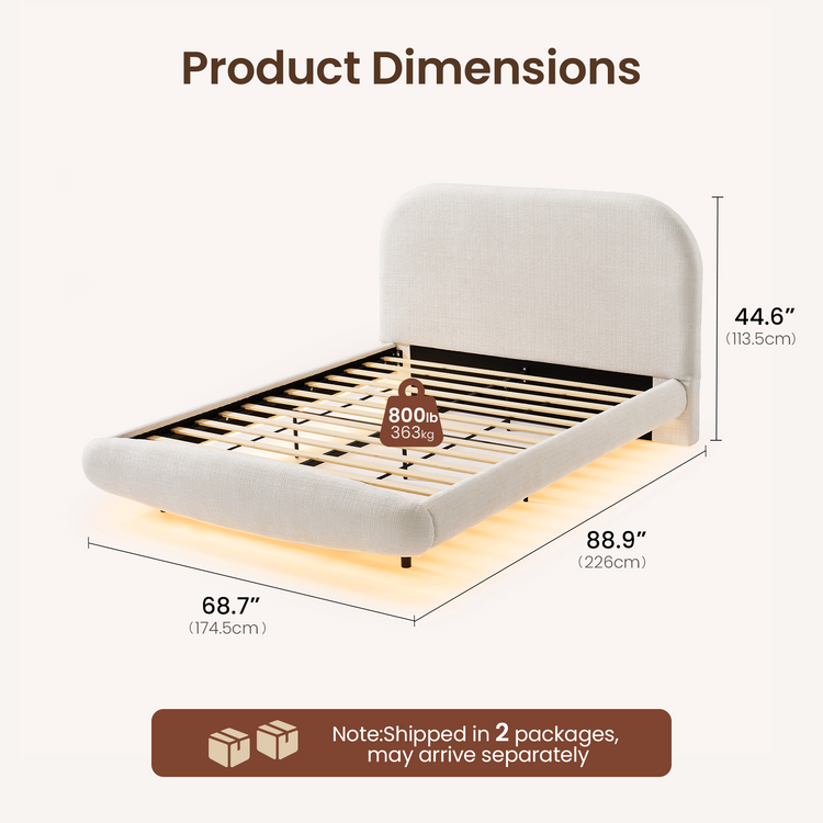 Queen Upholstered Bed Frame - Beige Floating Design with LED Lights & Curved Padded Headboard