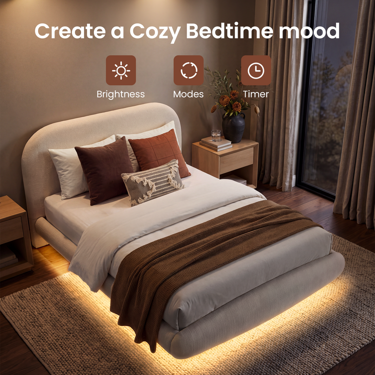 Queen Upholstered Bed Frame - Beige Floating Design with LED Lights & Curved Padded Headboard