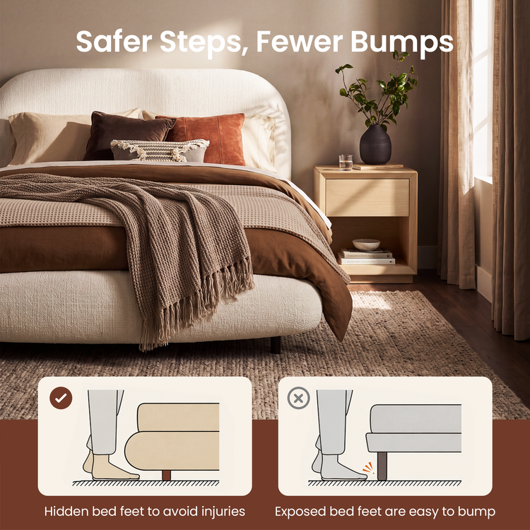 Queen Upholstered Bed Frame - Beige Floating Design with LED Lights & Curved Padded Headboard