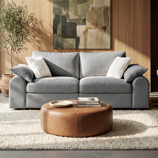 Gray two-seat sofa with rounded arms and accent pillows in a living room.