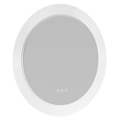 Oval gray mirror with a broad, textured white border and three small touch-control symbols near the lower center.