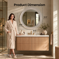 Dimension diagram showing a round mirror labeled 31.5 inches (80 cm) wide and high above a bathroom vanity, with a woman in a bathrobe beside it for scale.