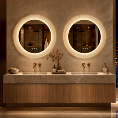 A double bathroom vanity with two illuminated round mirrors, wall-mounted faucets, and a long wood-fronted counter.