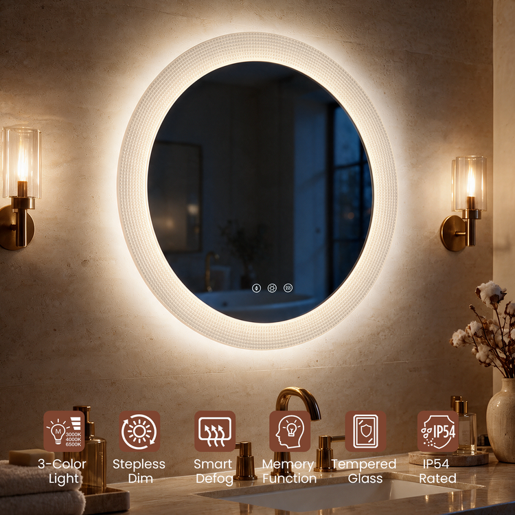 Oval mirror with a glowing textured border and three control symbols above a bathroom sink, flanked by lit wall sconces, with six labeled feature icons across the bottom.