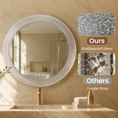 A round mirror above a bathroom sink is shown beside a comparison: one glass panel remains in fragments, while another has shattered into sharp pieces.