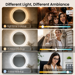 Three-panel comparison shows a round illuminated mirror beside scenes labeled nighttime makeup, outdoor makeup, and indoor makeup, with warm, neutral, and cool lighting settings.