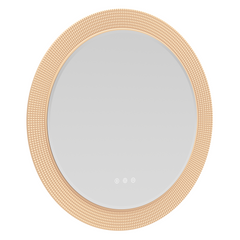Oval mirror with a broad, textured peach-gold frame and three small white symbols near the lower center of the glass.
