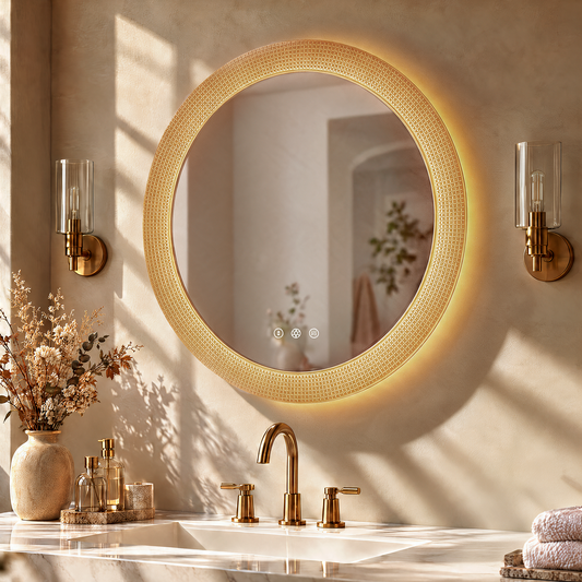 Oval mirror with a textured gold-colored frame and warm backlighting above a sink, flanked by two wall lights, with three illuminated symbols near the bottom.