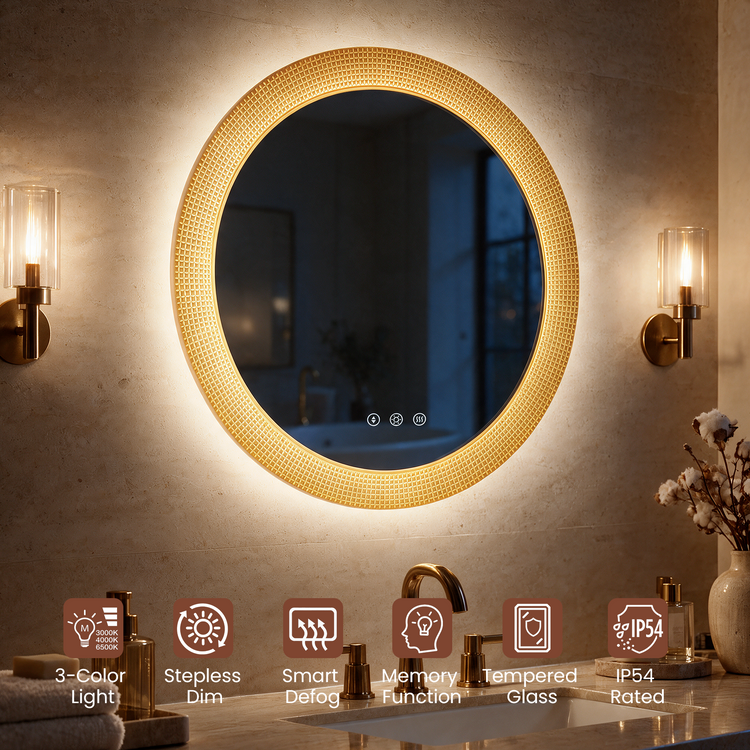 Anti-Fog Round LED Bathroom Mirror, 3 Color Dimmable Lighted Circle Vanity Mirror -Gold