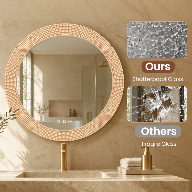 Anti-Fog Round LED Bathroom Mirror, 3 Color Dimmable Lighted Circle Vanity Mirror -Gold