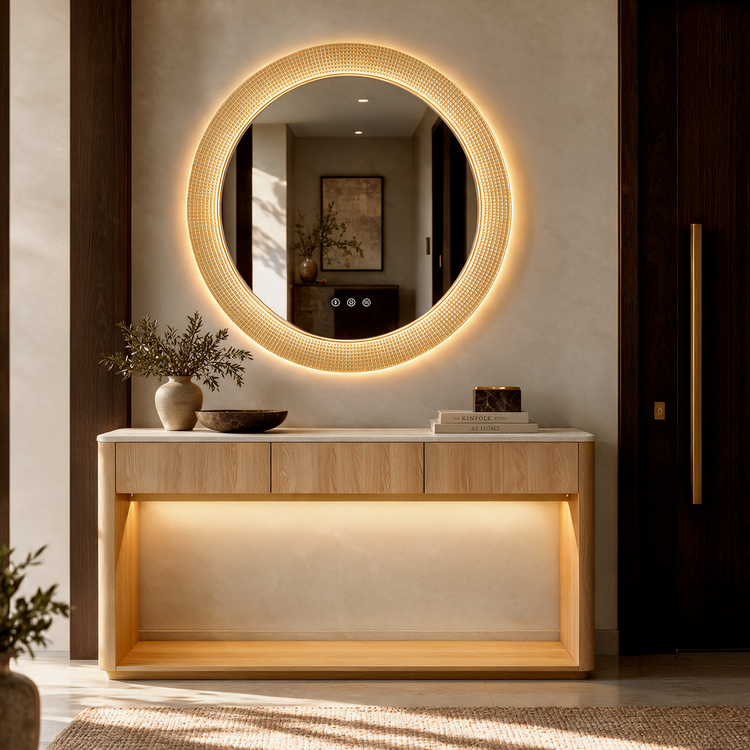 A round illuminated mirror hangs above a light wood console table with a vase, bowl, and stacked books; a hallway is reflected in the mirror.