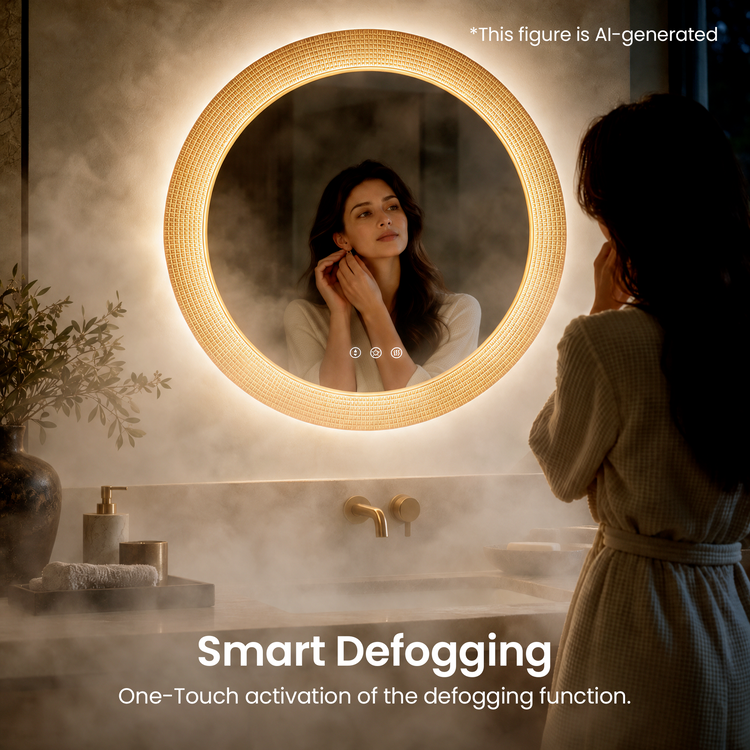 A woman adjusts an earring in a round mirror with a glowing gold grid-patterned frame and three touch symbols, above a bathroom sink surrounded by mist.