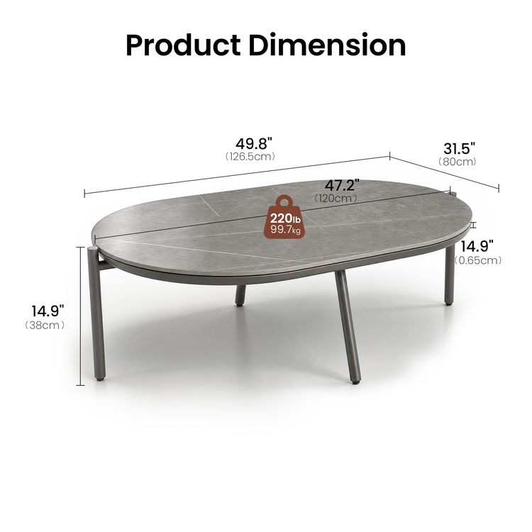 53" Outdoor Round Tube Sintered Stone Oval Coffee Table