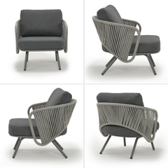 Four views show a gray cushioned armchair with a woven wraparound back and angled legs