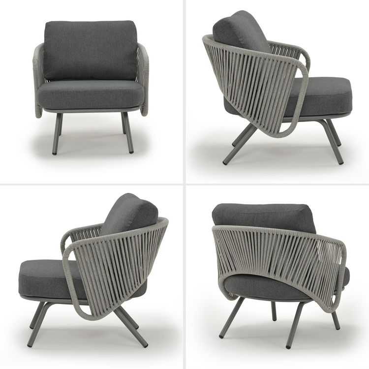 Four views show a gray cushioned armchair with a woven wraparound back and angled legs