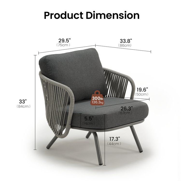 33.8" Outdoor Round Tube Woven Rope Arm Lounge Chair