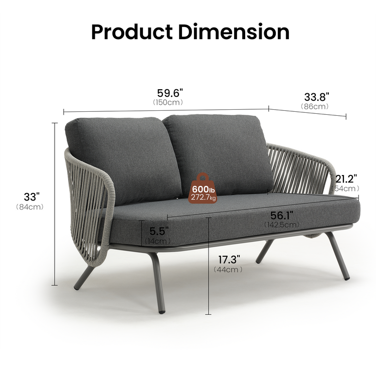 Gray outdoor sofa shown in a product dimension diagram