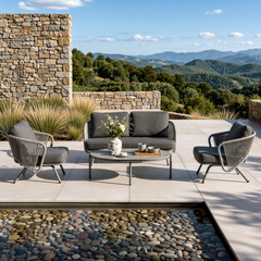 The set is shown as one loveseat, two matching armchairs, and one oval coffee table
