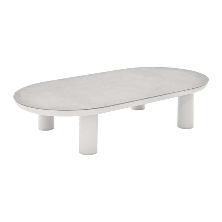 Low oval table has a pale mottled top and several short cylindrical legs