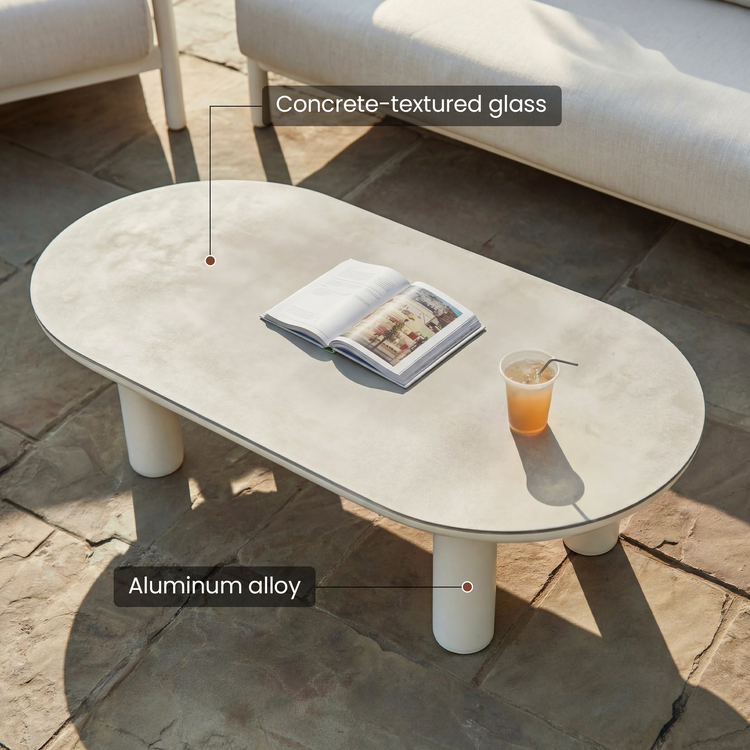 White oval coffee table shown with labeled tabletop and leg details