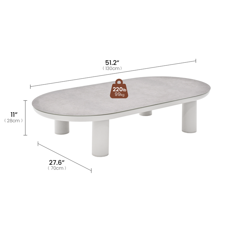 The table has an oval top, Cylindrical supports stand beneath the top