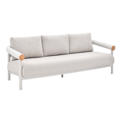 Light three-seat sofa has three back cushions, a rounded tubular frame, and wood-toned end caps