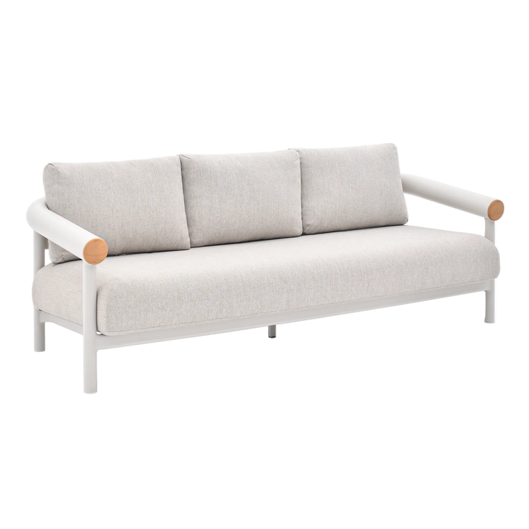 Light three-seat sofa has three back cushions, a rounded tubular frame, and wood-toned end caps