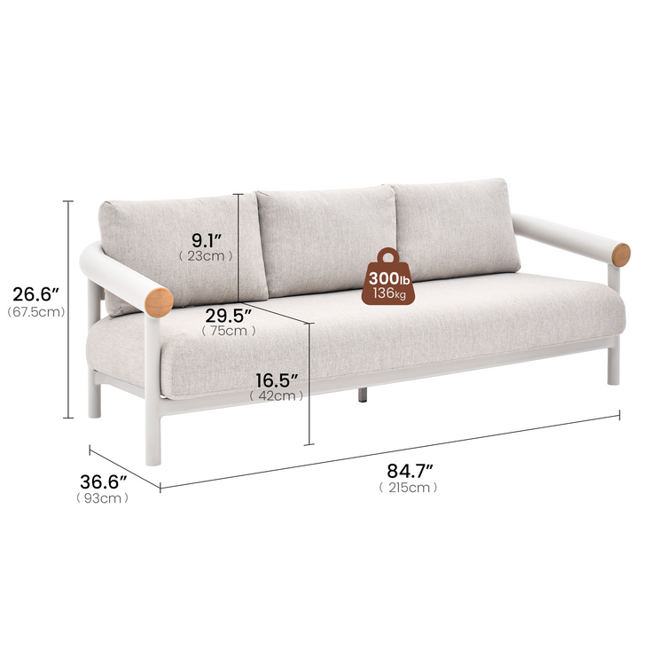 Round Tube 84.7" Outdoor 3-Seater Sofa, Performance Fabric Foam Cushions