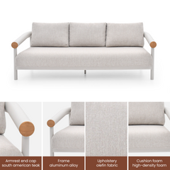 A three-seat sofa has a pale tubular frame, three back cushions, wood-toned arm caps, and four detail panels