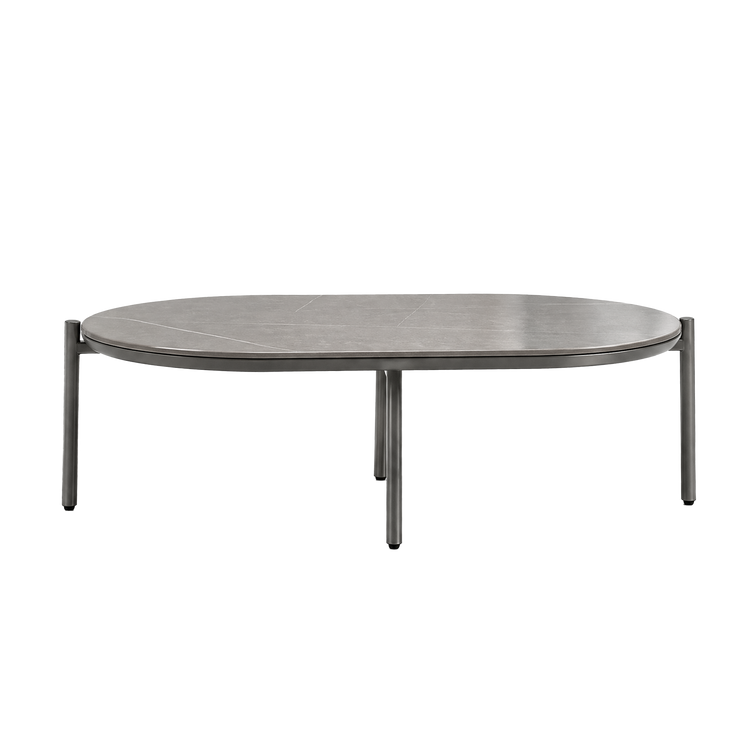 The low oval tabletop is supported by a slim dark frame and legs