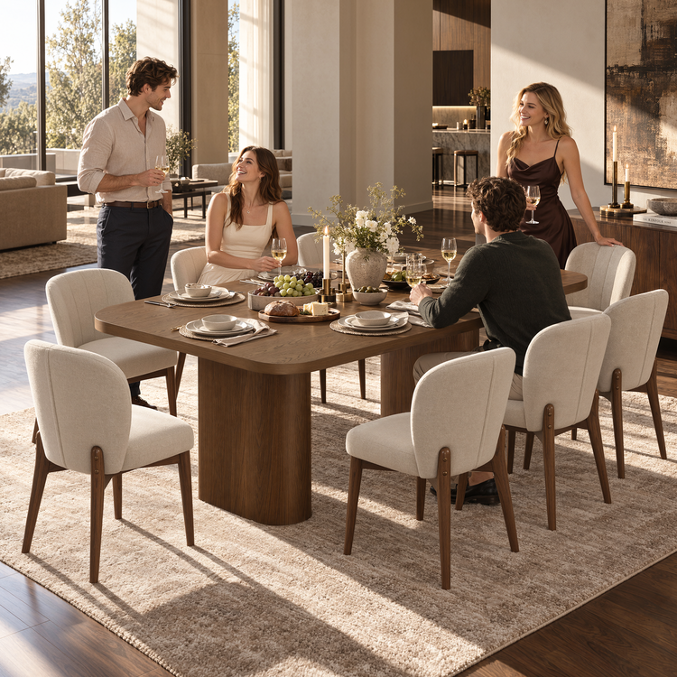 70.9" Rounded Rectangle Natural Grain Dining Table with Dual Pillar Base