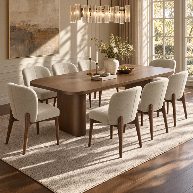 70.9" Rounded Rectangle Natural Grain Dining Table with Dual Pillar Base