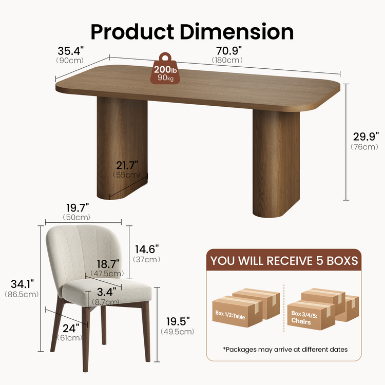 70.9" Rounded Rectangle Natural Grain Dining Table with Dual Pillar Base