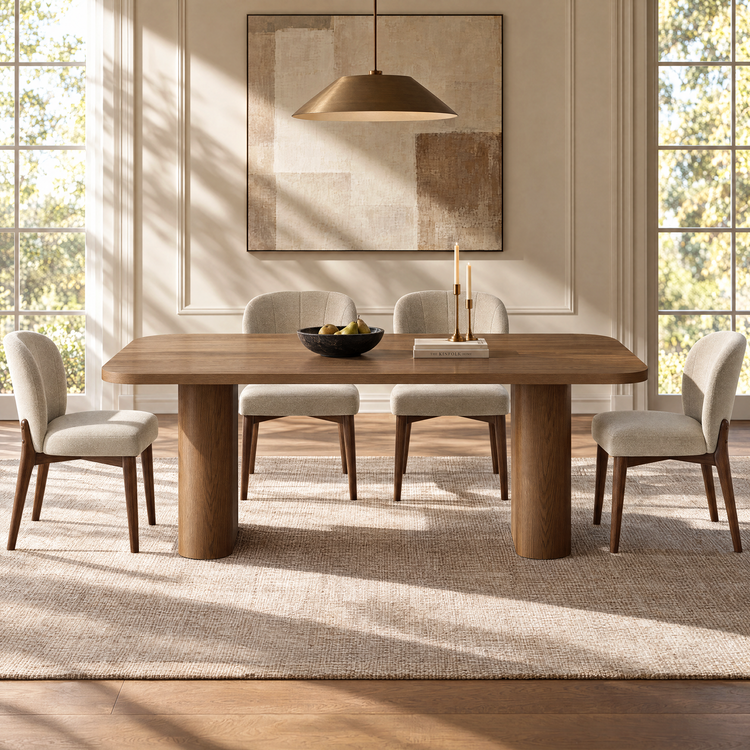 70.9" Rounded Rectangle Natural Grain Dining Table with Dual Pillar Base