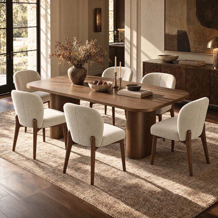 70.9" Rounded Rectangle Natural Grain Dining Table with Dual Pillar Base