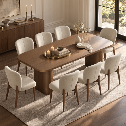 Brown dining table with rounded corners and broad pedestal legs, surrounded by eight cream upholstered chairs on a pale rug, with candles, dishes and flowering branches on top.