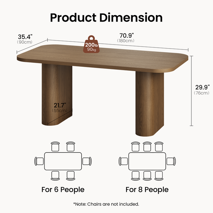 Product dimension diagram of a rectangular wooden dining table with two cylindrical legs, showing width, depth, and height measurements, plus seating capacity notes for 6 and 8 people.