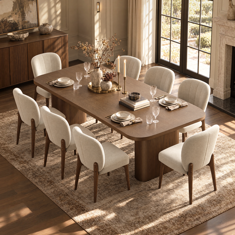 70.9" Rounded Rectangle Natural Grain Dining Table with Dual Pillar Base