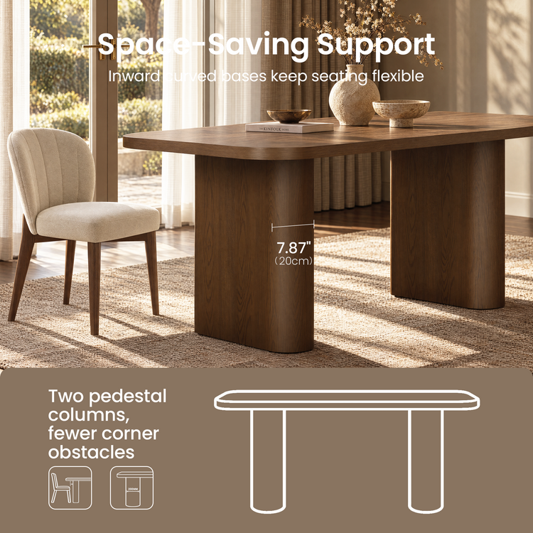 70.9" Rounded Rectangle Natural Grain Dining Table with Dual Pillar Base