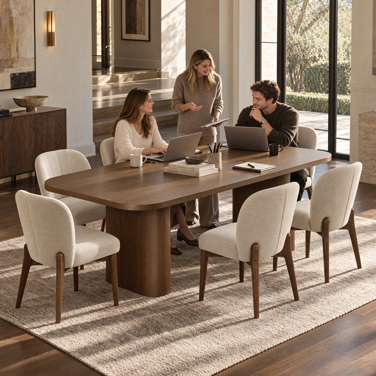 70.9" Rounded Rectangle Natural Grain Dining Table with Dual Pillar Base