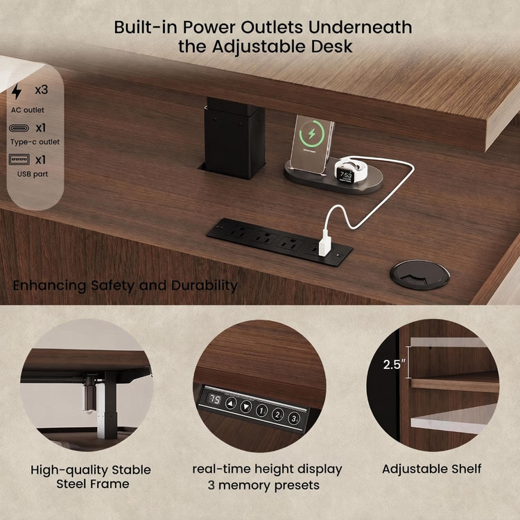 A collage shows outlets mounted beneath a wood desk, a charging dock and cable on the surface, and three detail views of the desk frame, height controls, and adjustable shelf.