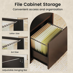 Open dark brown file drawer holding hanging folders, with three inset close-ups showing folder hooks and different hanging bar positions.