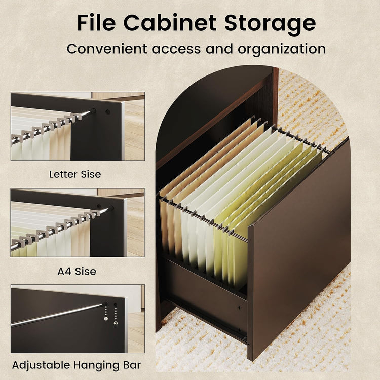Open dark brown file drawer holding hanging folders, with three inset close-ups showing folder hooks and different hanging bar positions.