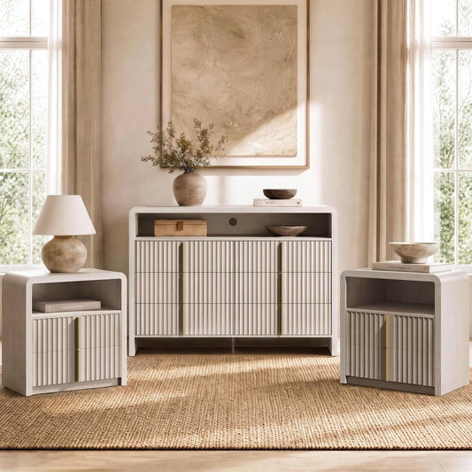 3-Piece Bedroom Set Fluted Wood 6-Drawer Dresser with Open Shelf and 2  Nightstands