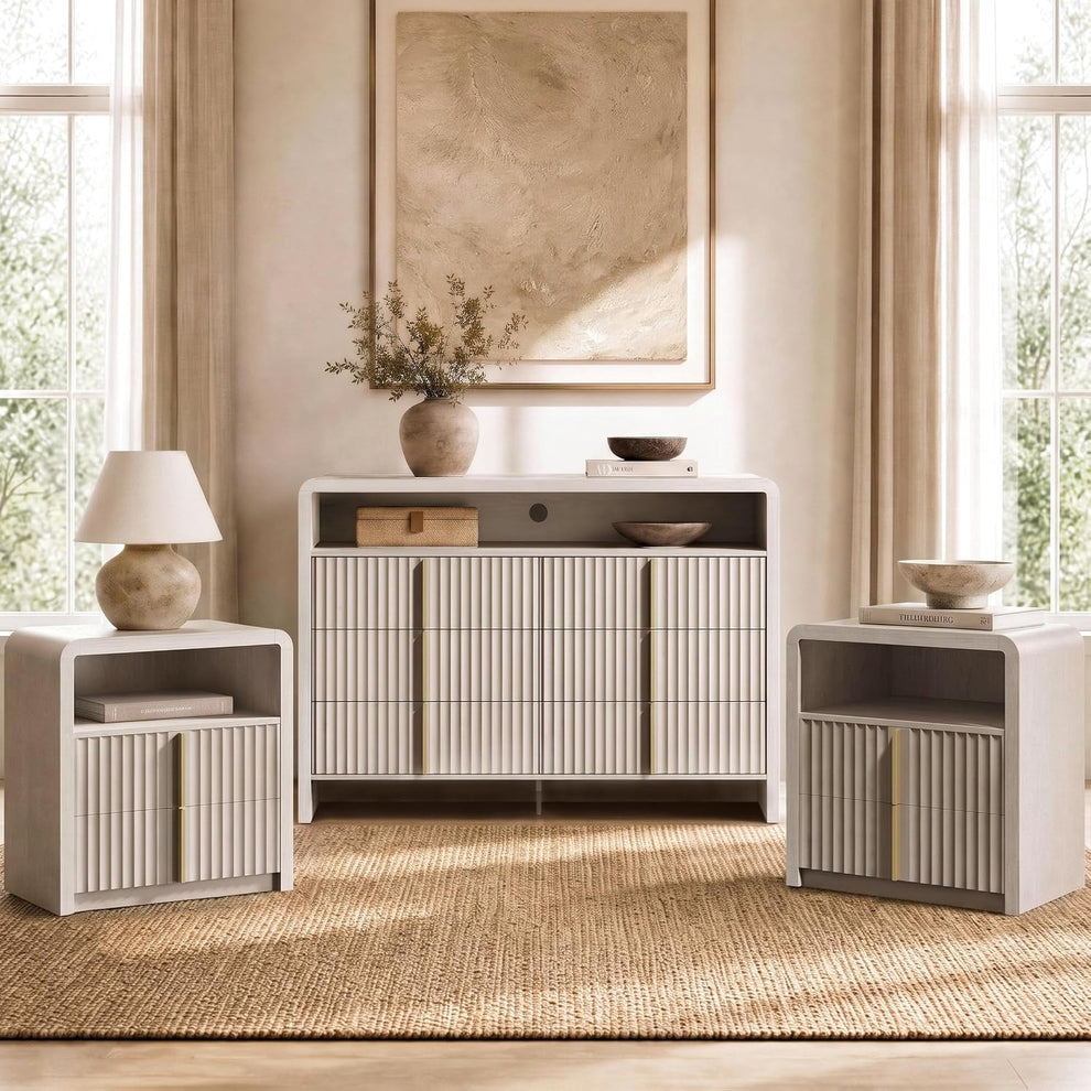 3-Piece Bedroom Set Fluted Wood 6-Drawer Dresser with Open Shelf and 2  Nightstands