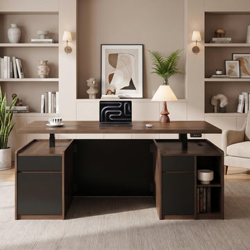 Escritorio de pie eléctrico ajustable Soren de 71" de madera, color nogal negro